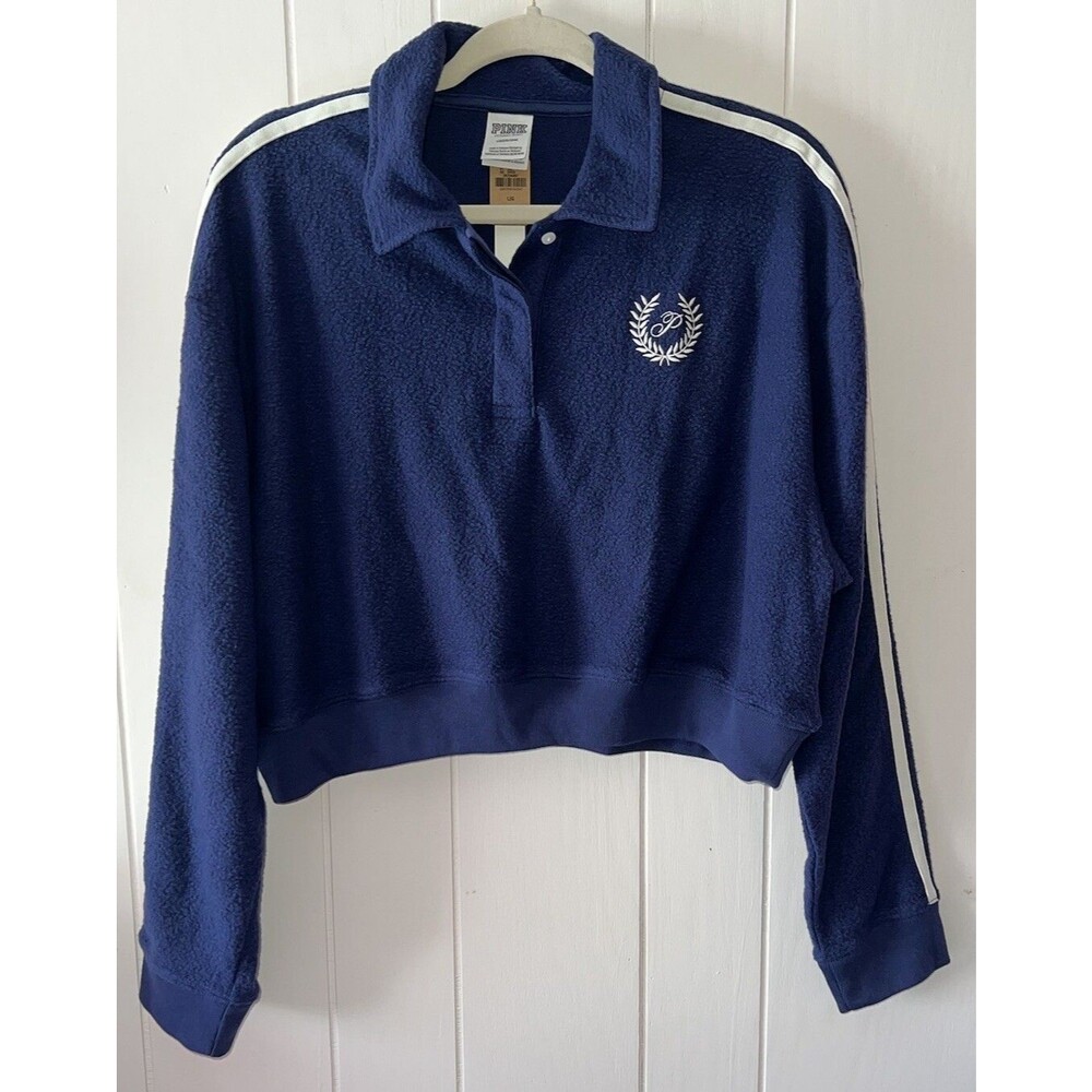 Victoria’s Secret PINK Reverse Fleece Navy Cropped Sweater With Buttons Large